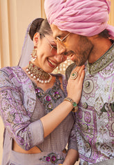 Exclusively for couple combo designer outfit in pure PV silk and foil print with detailed hand mirror work